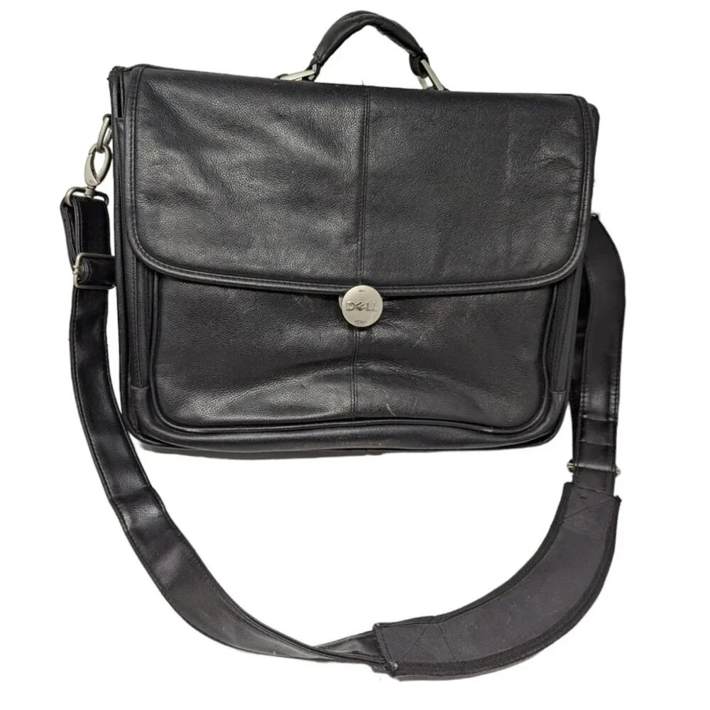 Vintage Dell Black All Leather Laptop Briefcase Messenger Bag Carry On